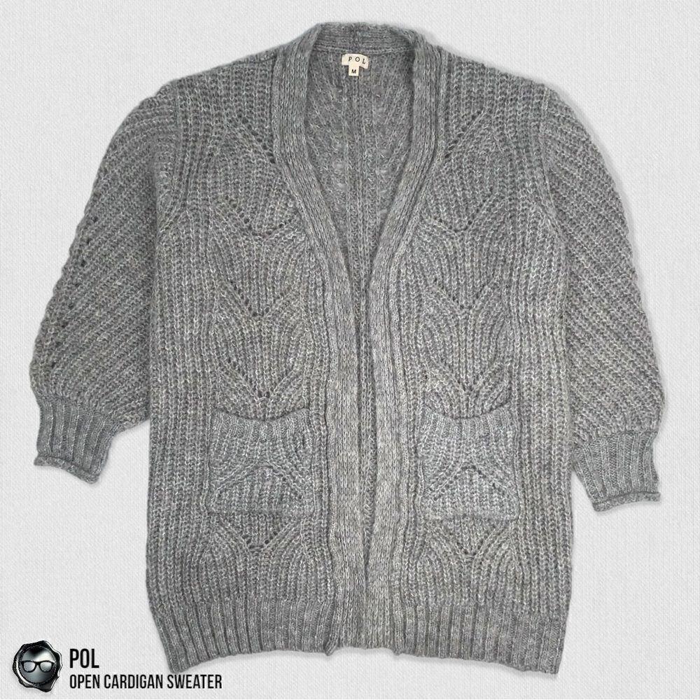 POL CHUNKY CABLE KNIT DUSTER CARDIGAN SWEATER HEATHER GREY WOMEN’S SIZE MEDIUM - Picture 6 of 15